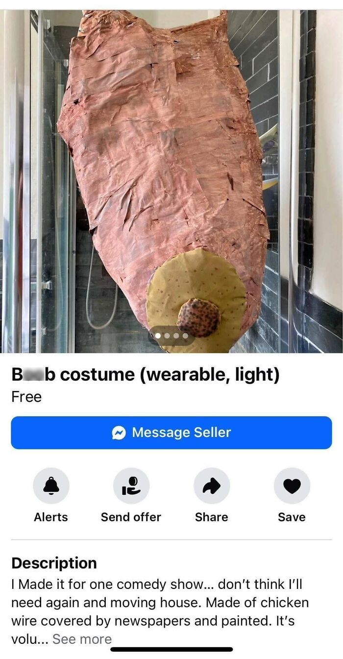 Crude handmade costume made of painted newspapers and chicken wire, featured in horrendous DIY projects craft shaming collection.