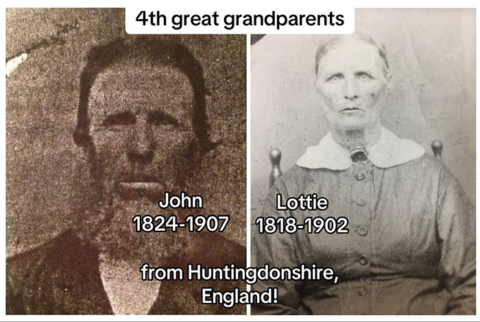 Black and white photos of 4th great grandparents John and Lottie from Huntingdonshire, part of a family historian's family tree.