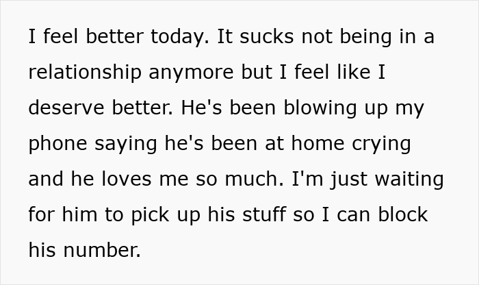 Text message expressing relief after breakup, mentioning guy pretending to be single at a party and making dumb excuses.