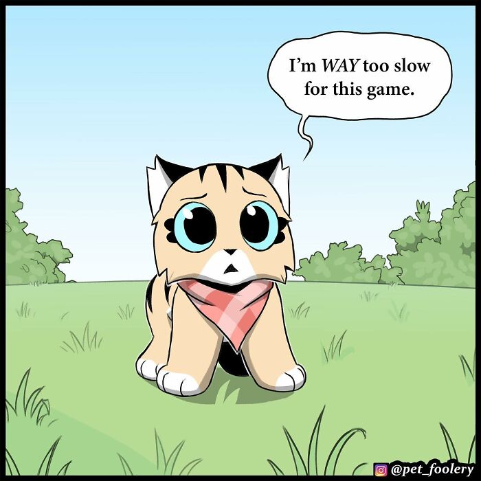 Cartoon of a playful dog and cat in a yard, capturing the humor and charm of Pet Foolery comics.