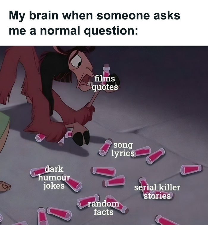 Animated character holding bottles labeled with films quotes, song lyrics, dark humor jokes, serial killer stories, and random facts.