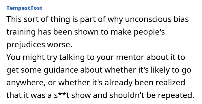 Comment discussing how unconscious bias training may worsen prejudices and advice on reporting racist thoughts in a workplace setting.