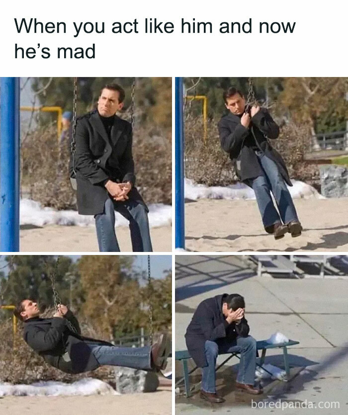 Man alone on a swing and bench looking sad, illustrating relatable friendship memes about feeling lonely when friends are busy.
