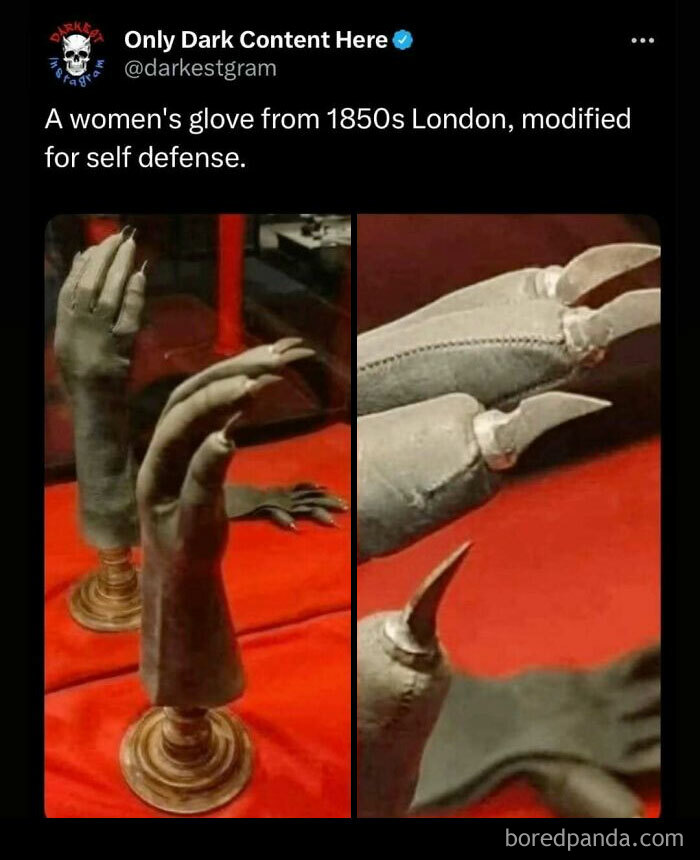 Victorian era self-defense glove with sharp claws displayed on a red surface, dark creepy Instagram content.