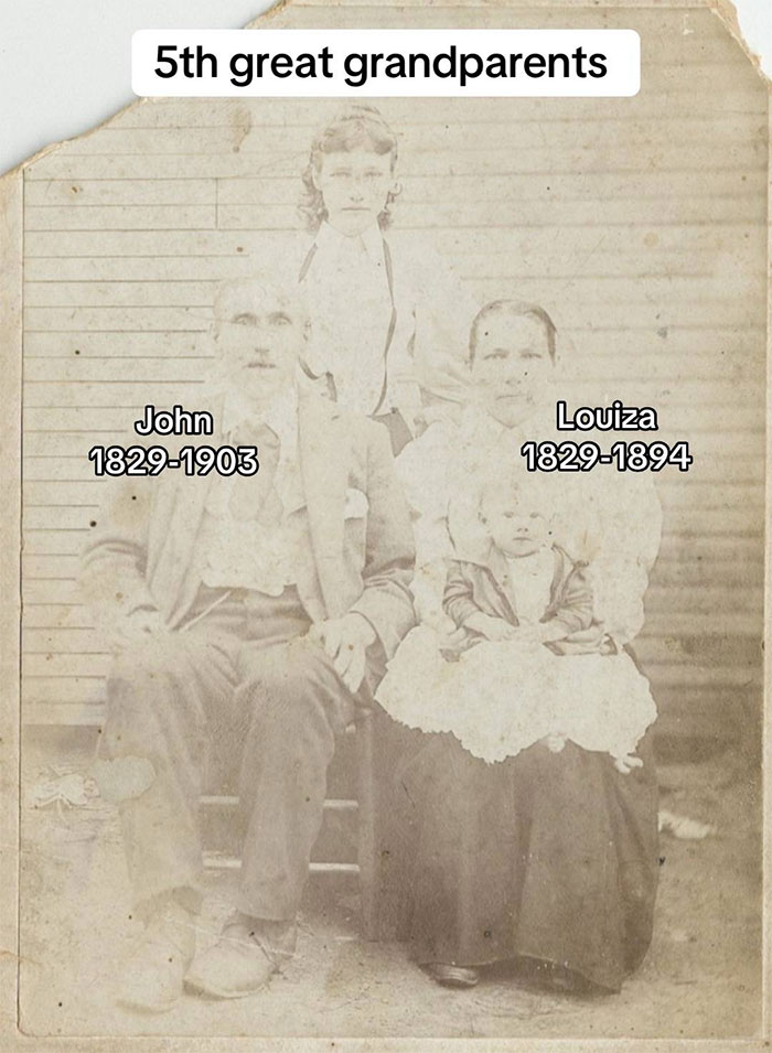 Faded vintage photo of 5th great grandparents John and Louiza, showcasing family historian genealogy research.