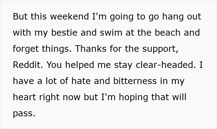 Text on a white background about going to hang out with a bestie and swim at the beach, related to guy pretending to be single at a party.
