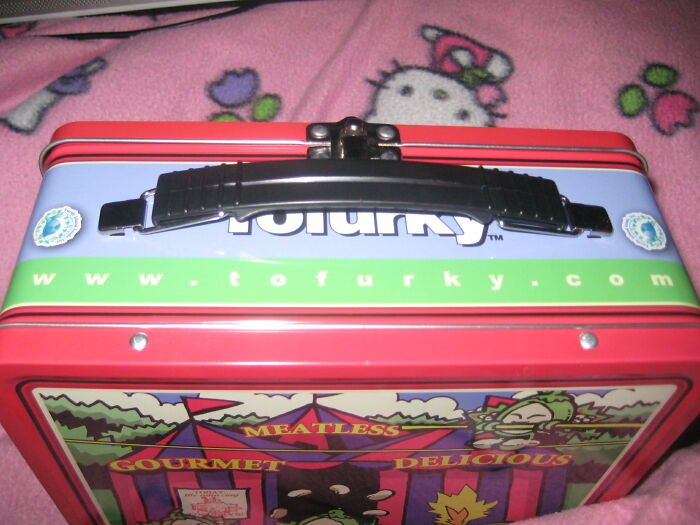 Colorful lunchbox on a pink blanket, showing a playful design, related to snooping parents and kids discoveries.