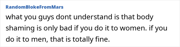 Alt text: Social media comment criticizing body shaming attitudes related to Sacha Baron Cohen’s Marvel body and gender bias. - 23