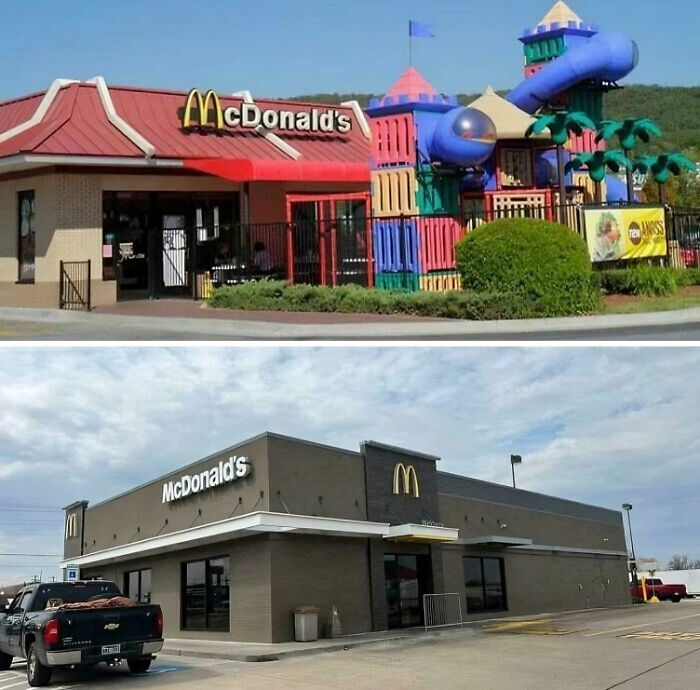 McDonald’s restaurant with colorful 90s playground contrasted against a modern, minimalist building exterior.