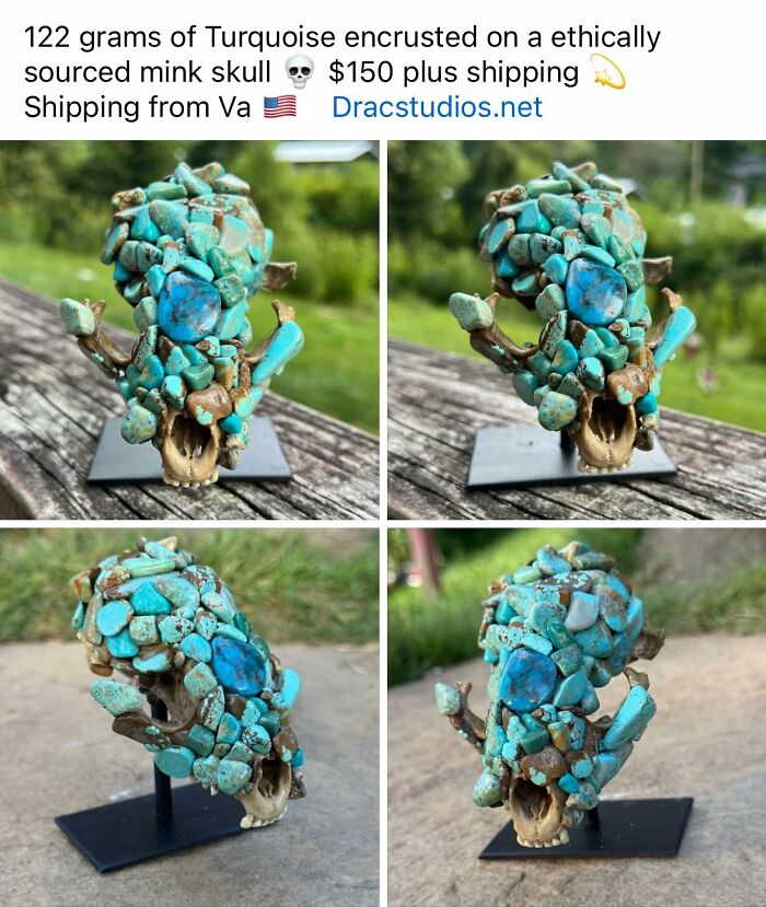 Turquoise stones encrusted on a small skull displaying a unique but questionable DIY craft project outdoors.