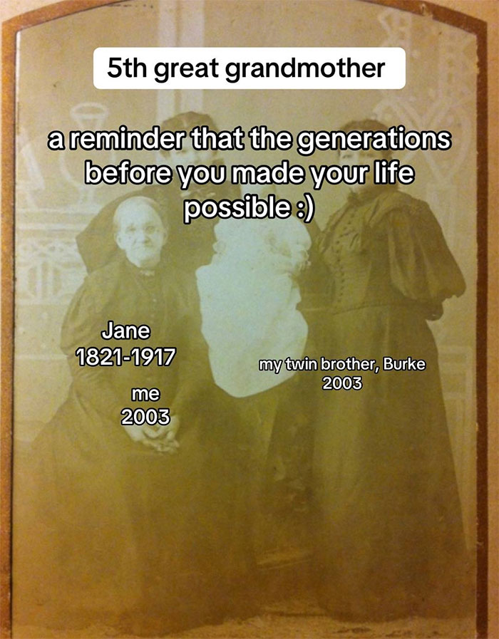 Faded vintage photo showing family generations with text about family historian sharing family tree online.