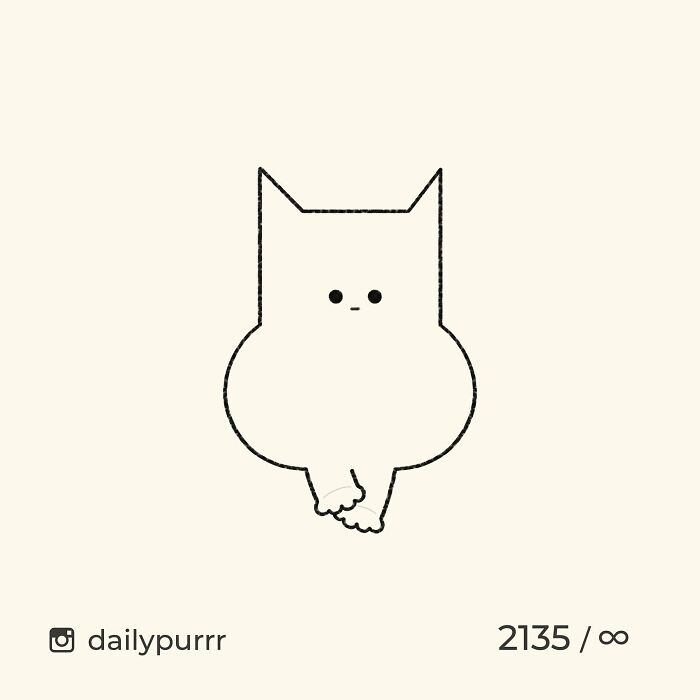 Minimalist doodle of a cat with chubby cheeks and crossed paws, showcasing artist's viral cat pics interpretation.