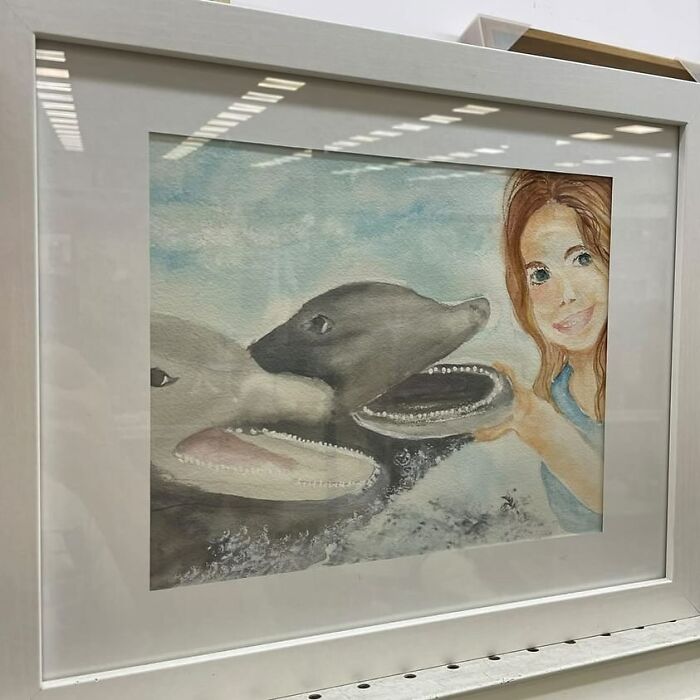 Watercolor painting of a woman feeding two dolphins with open mouths, a bizarre thrift store discovery in a white frame.