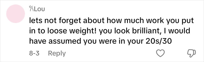 Comment praising a person’s effort and success in losing weight, highlighting their youthful appearance after weight loss. Comment praising a person’s effort and success in losing weight, highlighting their youthful appearance after weight loss.