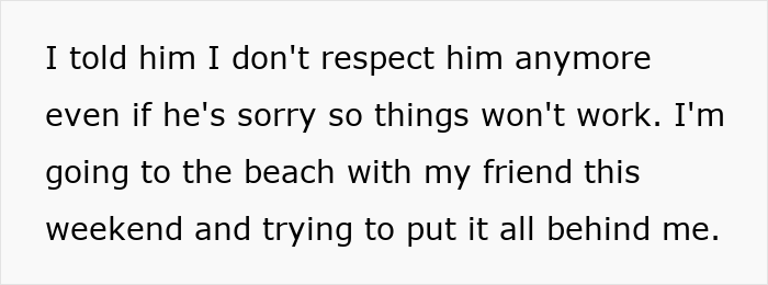 Woman expressing frustration about disrespect and planning to move on by going to the beach with a friend after confrontation.