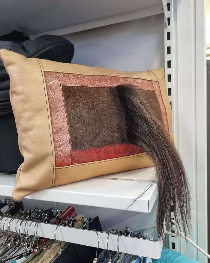 Rectangular leather pillow with animal fur and a tail attached, a bizarre thrift store find on a white shelf.