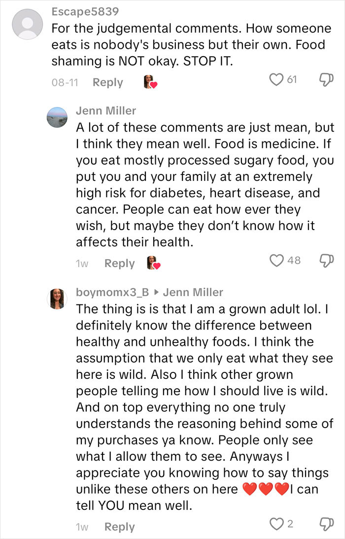 Comments discussing food choices and health concerns in an American family grocery haul conversation thread.