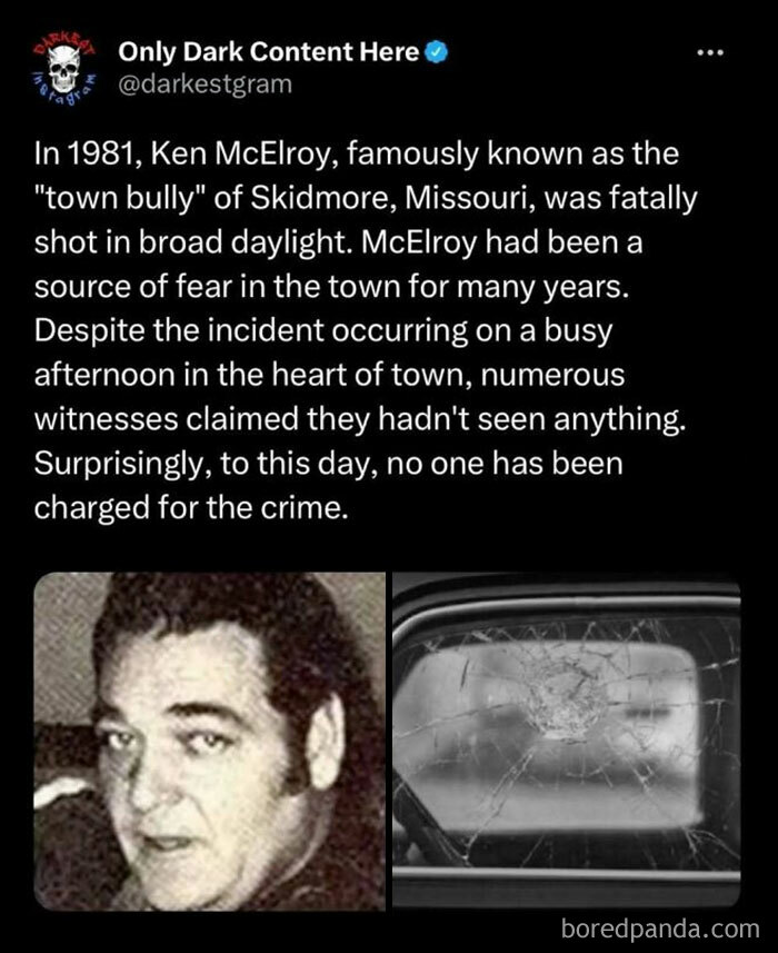 Screenshot of a dark Instagram page sharing a creepy unsolved m****r story with images of a man and a shattered window.