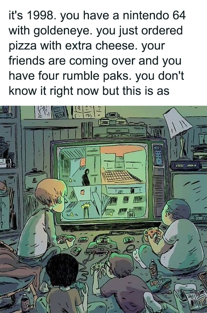 Kids playing Nintendo 64 in 1998, enjoying pizza and multiplayer gaming, evoking nostalgic 90s simpler, stranger days memories.