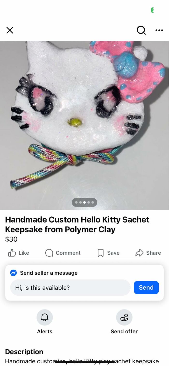 Polymer clay DIY project of a handmade Hello Kitty sachet keepsake with a colorful bow and painted details.