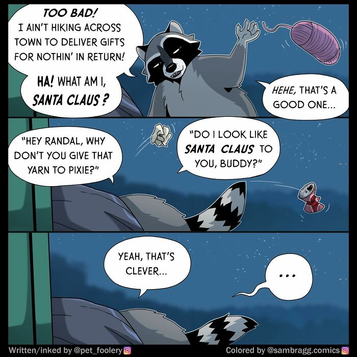 Comic panels showing a raccoon discovering a ball of yarn, highlighting relatable pet foolery moments in a humorous scene.