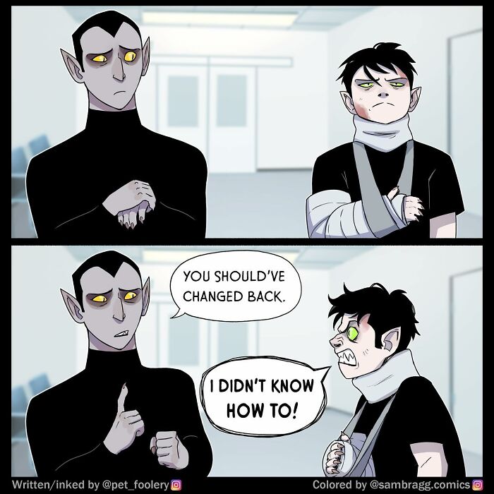 Two dark-clad characters with glowing eyes in a night scene, with one excitedly saying he can fly in a comic style.