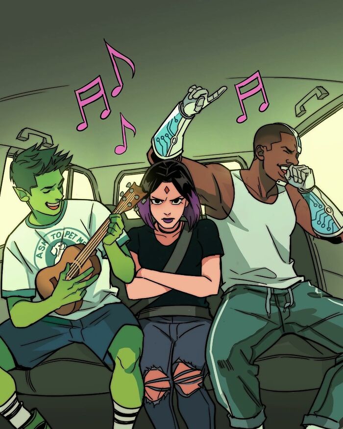 Teen Titans characters drawn by Gabriel Picolo, shown as relatable young heroes in a vibrant car scene.