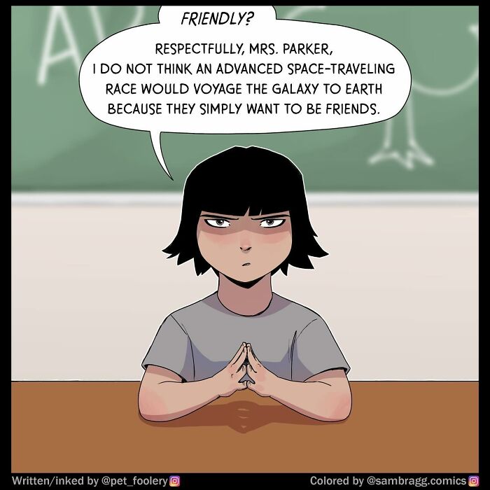 Comic panel showing a parent-teacher conference with a teacher discussing a student’s concerning arts and crafts project.