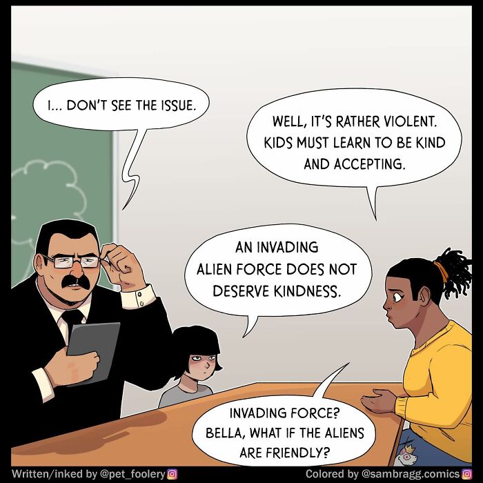 Comic panel showing a parent-teacher conference with a teacher discussing a student’s concerning arts and crafts project.