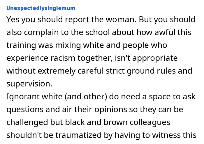 Comment discussing reporting a teacher revealing racist thoughts during unconscious bias training in a school setting.