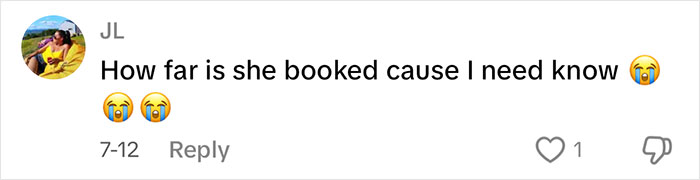 Comment on social media post expressing curiosity shown with crying emojis and a question about booking status. Comment on social media post expressing curiosity shown with crying emojis and a question about booking status.