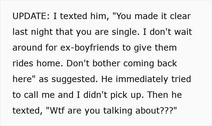 Text message conversation showing a guy pretending to be single at a party and making dumb excuses when confronted.