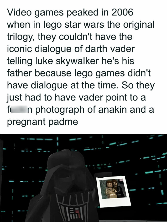 LEGO Star Wars meme showing Darth Vader holding a photo, highlighting dialogue limits in video game storytelling for cinephiles.