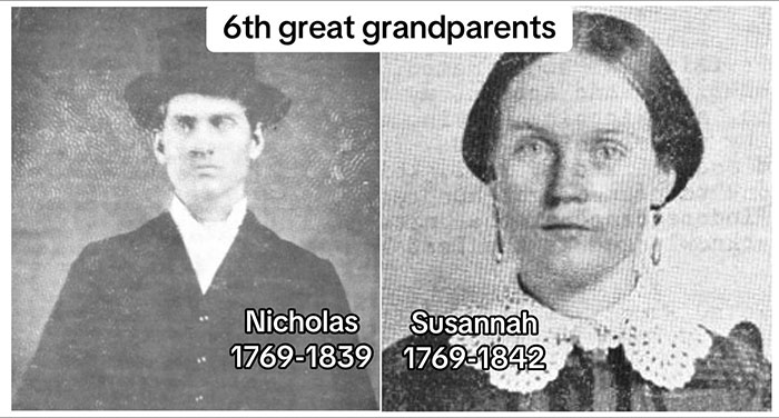 Black and white portraits of 6th great grandparents Nicholas and Susannah, featured by a family historian sharing their family tree online.