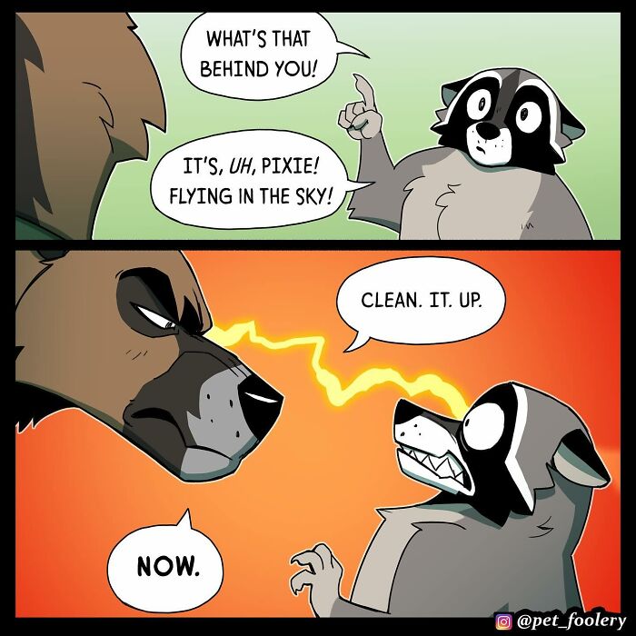 Two-panel Pet Foolery comic showing a dog looking suspiciously at a tipped-over trash can with scattered garbage.