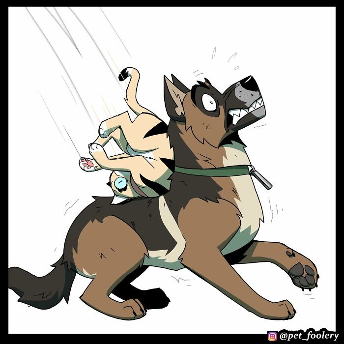 Two-panel Pet Foolery comic showing a dog looking suspiciously at a tipped-over trash can with scattered garbage.