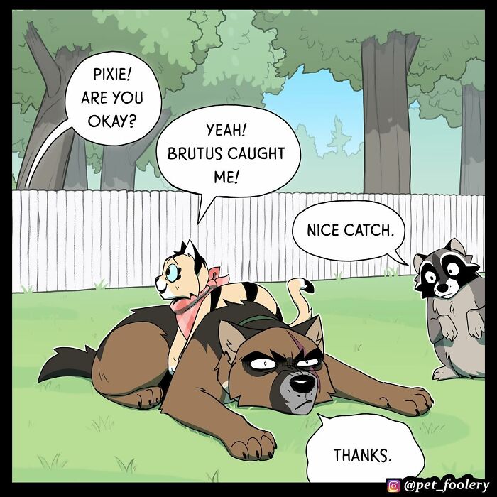 Two-panel Pet Foolery comic showing a dog looking suspiciously at a tipped-over trash can with scattered garbage.