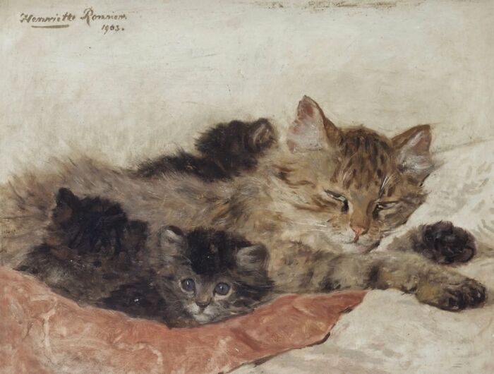 Vintage cats painting showing a mother cat with her kitten resting peacefully on a soft surface.