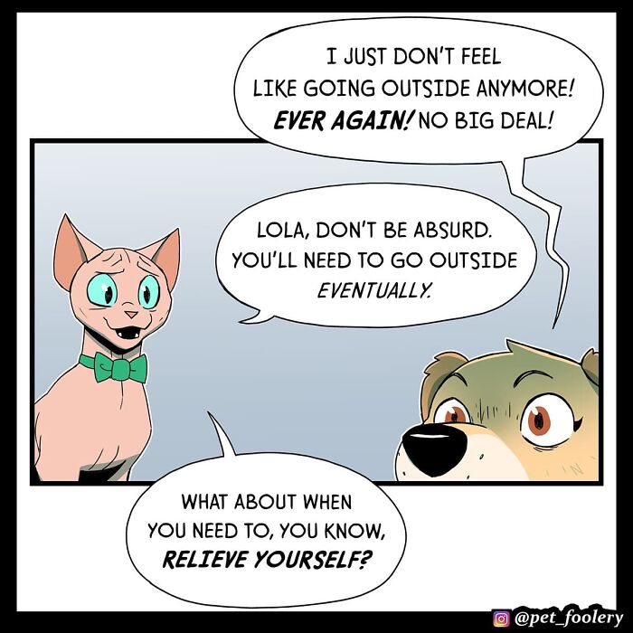 Cat relaxing in a peaceful yard with funny expression in a Pet Foolery comic strip about tranquility and suspicion.