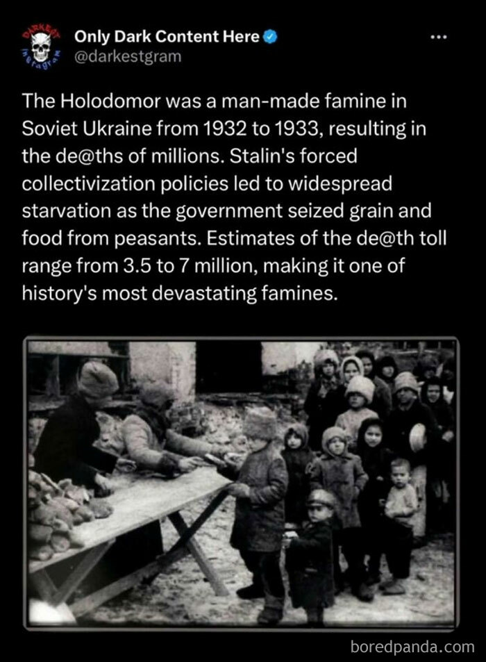 Instagram post from Darkest Page sharing creepy history facts about the Holodomor famine in Soviet Ukraine.