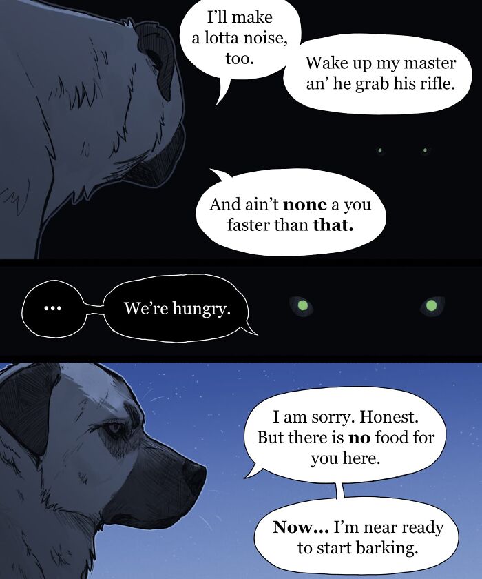 Nighttime comic scene with animals and a dog, capturing humor in pet foolery comics with emotional expressions.
