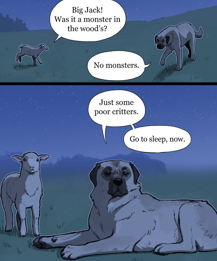 Nighttime comic scene with animals and a dog, capturing humor in pet foolery comics with emotional expressions.