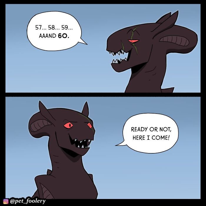 Pet Foolery comic showing a playful pumpkin-headed character and dark creature in a pumpkin patch playing hide-and-seek.