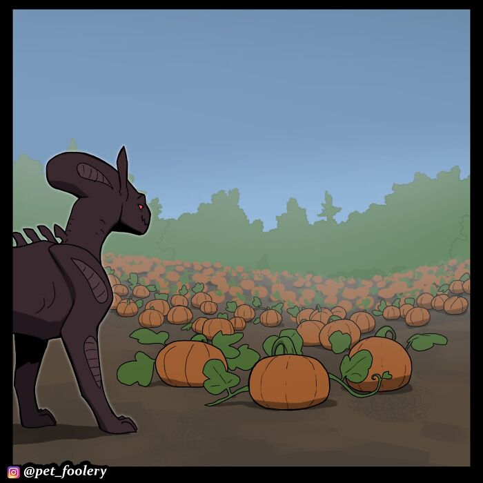 Pet Foolery comic showing a playful pumpkin-headed character and dark creature in a pumpkin patch playing hide-and-seek.