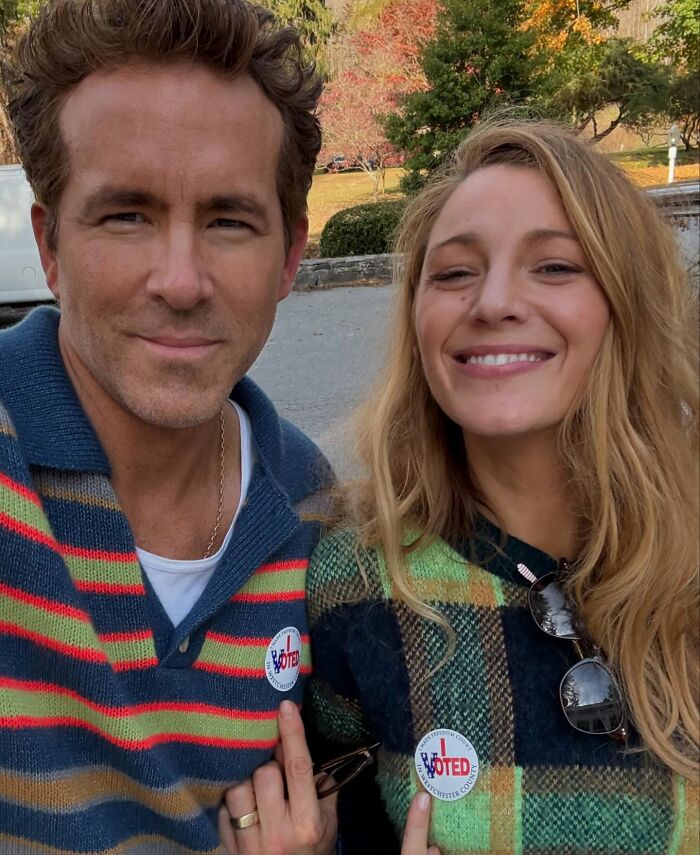 Two celebs wearing I Voted stickers posing outdoors, showing relatable moments but appearing out-of-touch.