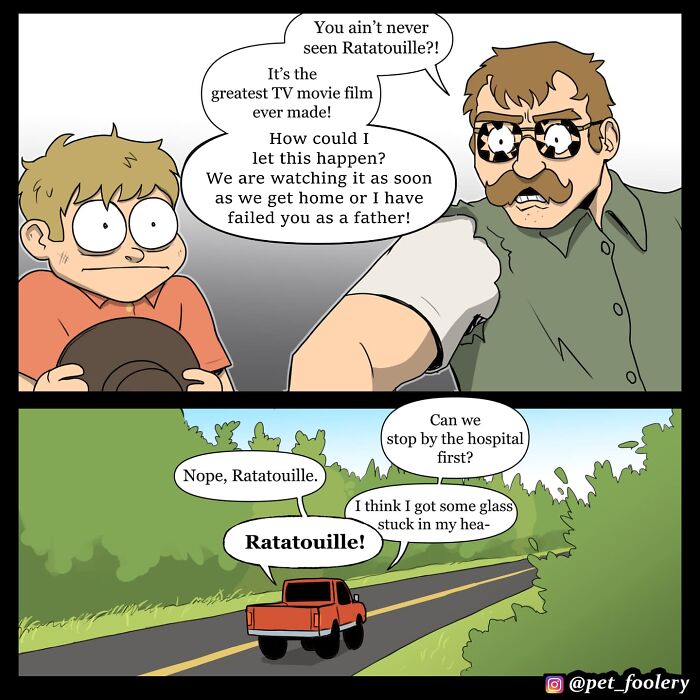 Boy and man in a car discussing the boy’s first day, featured in Pet Foolery comics about relatable pet humor.