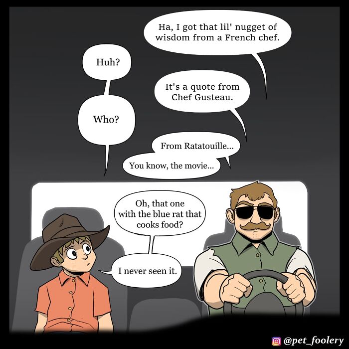 Boy and man in a car discussing the boy’s first day, featured in Pet Foolery comics about relatable pet humor.