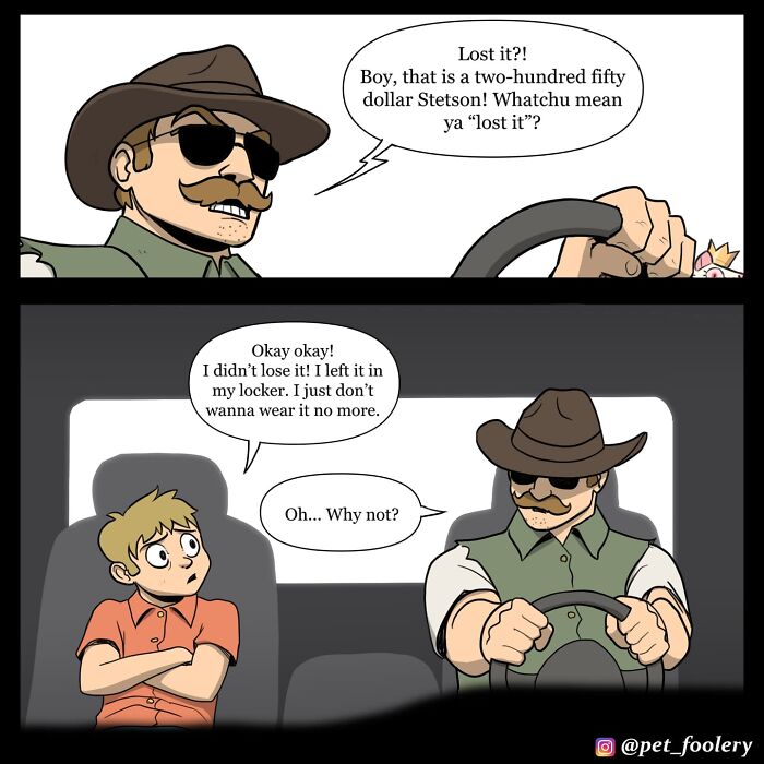 Boy and man in a car discussing the boy’s first day, featured in Pet Foolery comics about relatable pet humor.