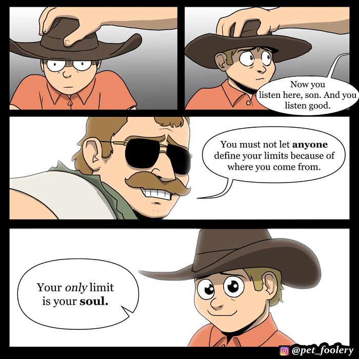 Boy and man in a car discussing the boy’s first day, featured in Pet Foolery comics about relatable pet humor.