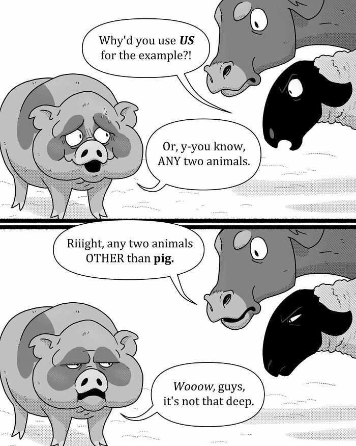 Comic panel featuring animals debating calories with a stressed bird, highlighting pet foolery humor and relatable pet comics.